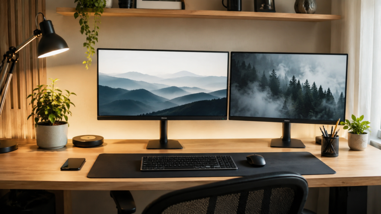 Mesa de home office com dois monitores, teclado externo e mouse em um ambiente organizado.