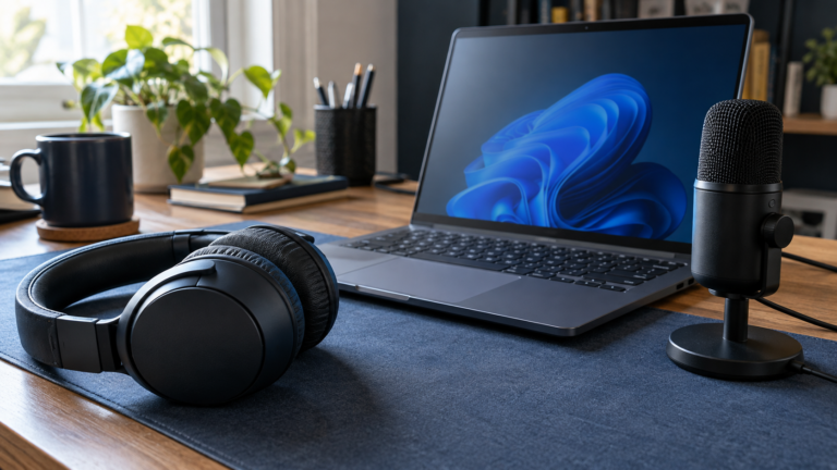 mesa com fone e notebook com windows