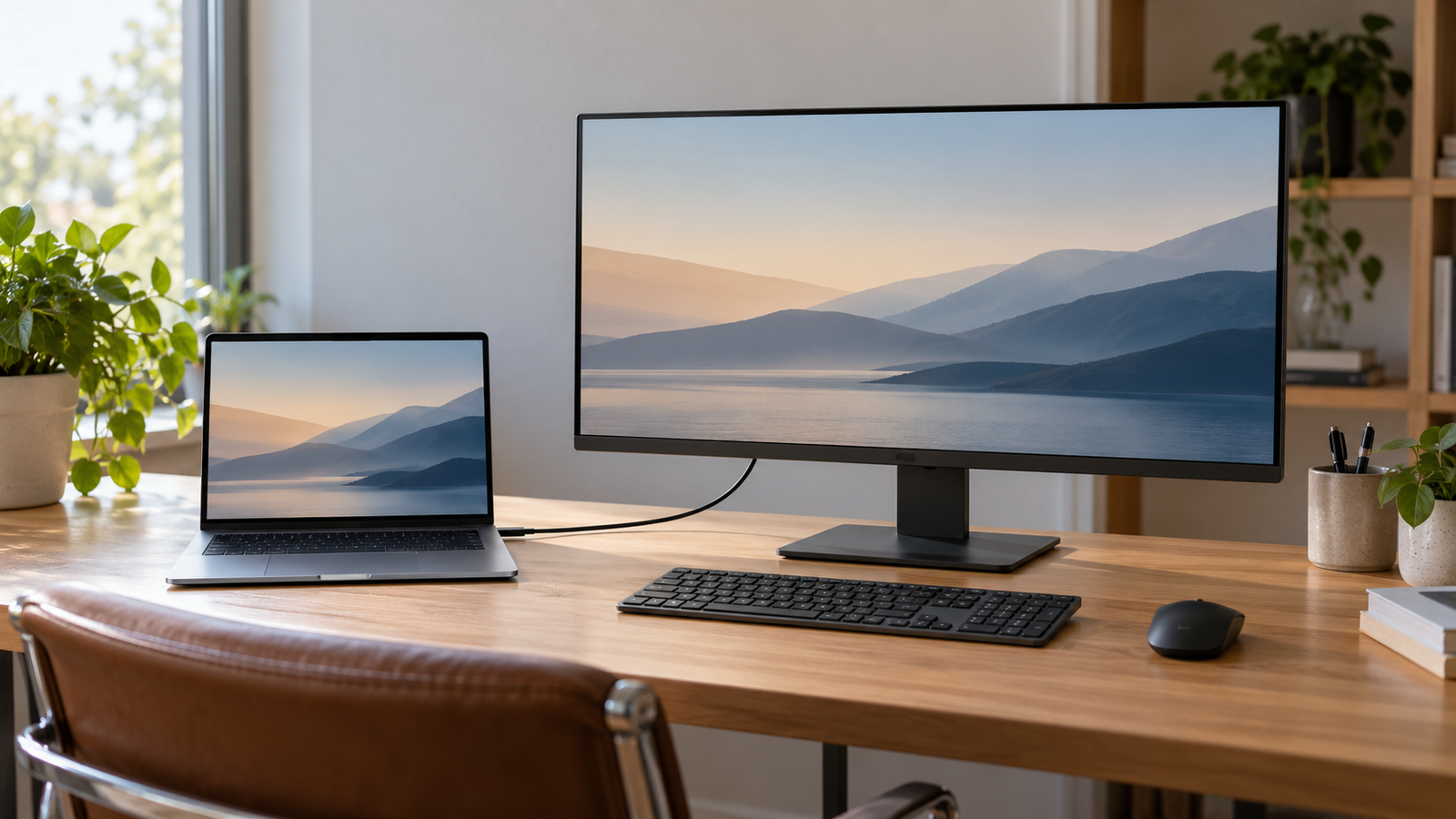 Notebook conectado a monitor externo por um cabo USB-C